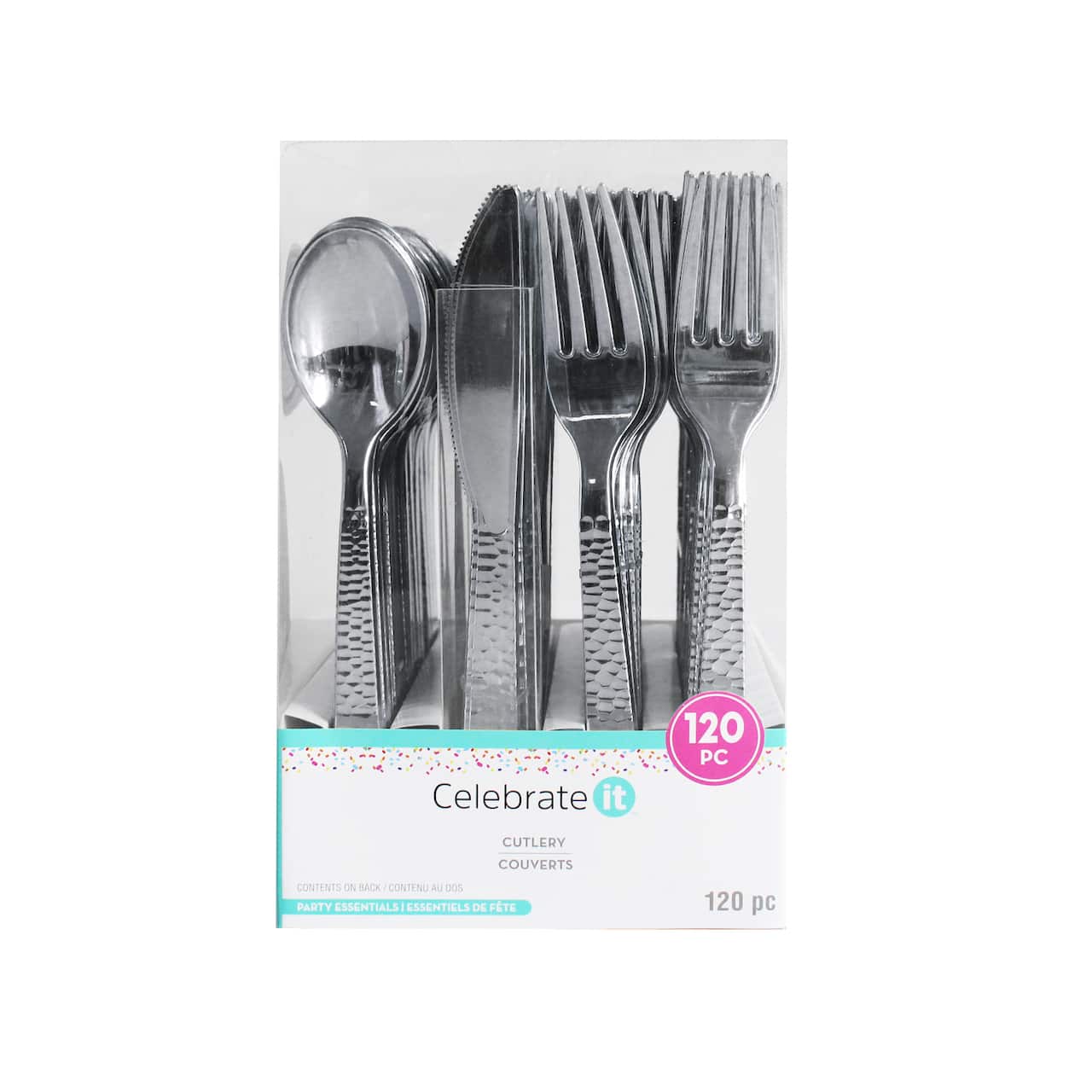 6 Packs: 120 ct. (720 total) Silver Hammered Plastic Cutlery Set by Celebrate It™